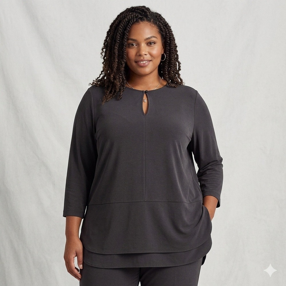 Lauren Ralph Lauren Womens Tunic Top 2X Black 3/4 Sleeve Keyhole Crepe Knit